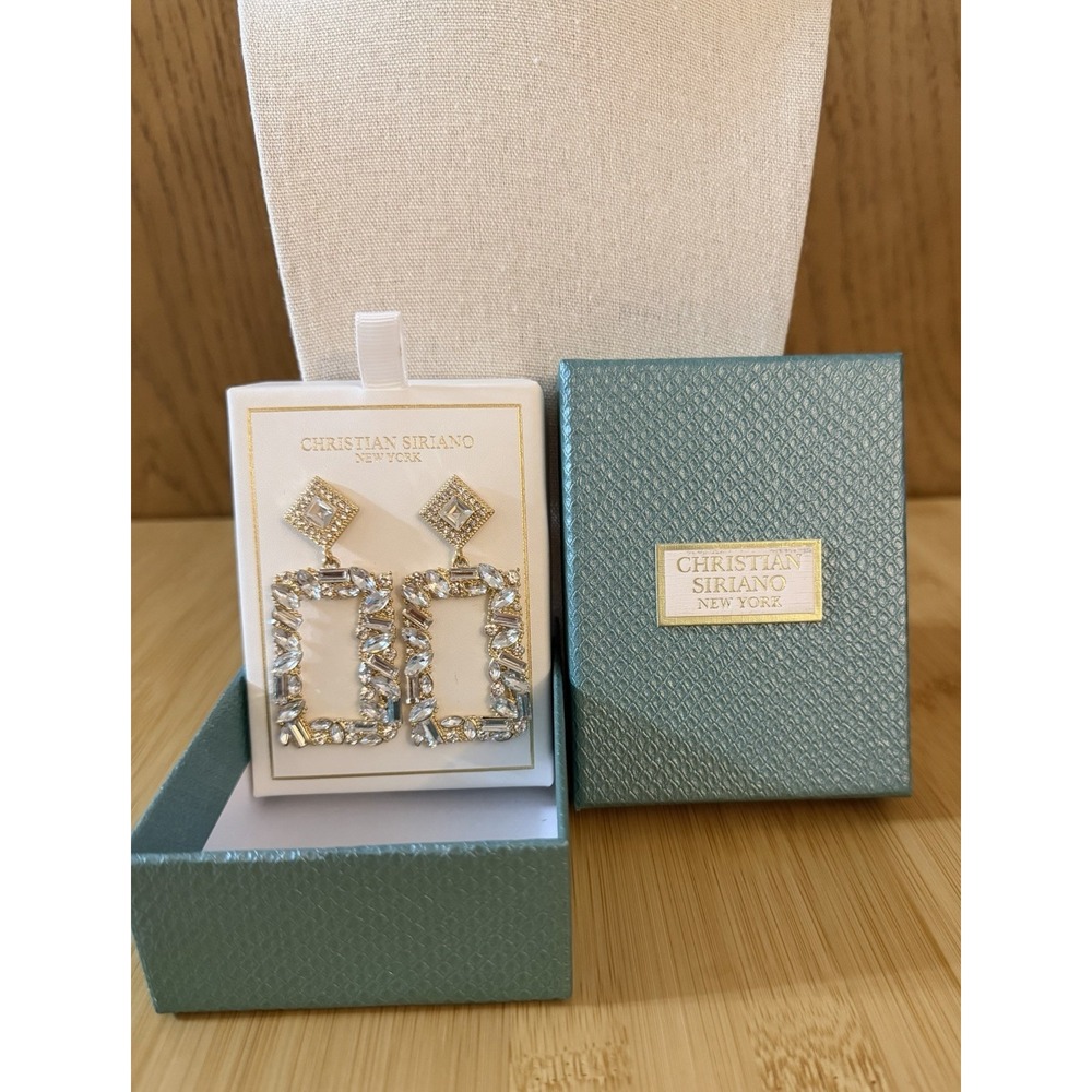 NEW Christian Siriano Designer Goldtone Crystal Rectangle 2.5" Drop Earrings